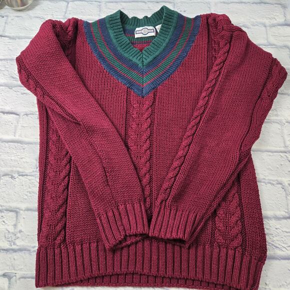 Vintage Gulf Traders Men's Sweater Red Cable Vneck Varsity Ribbed Trim Medium - Picture 9 of 12